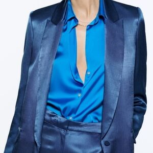 Zara Wrinkle Satin Effect Blazer Blue